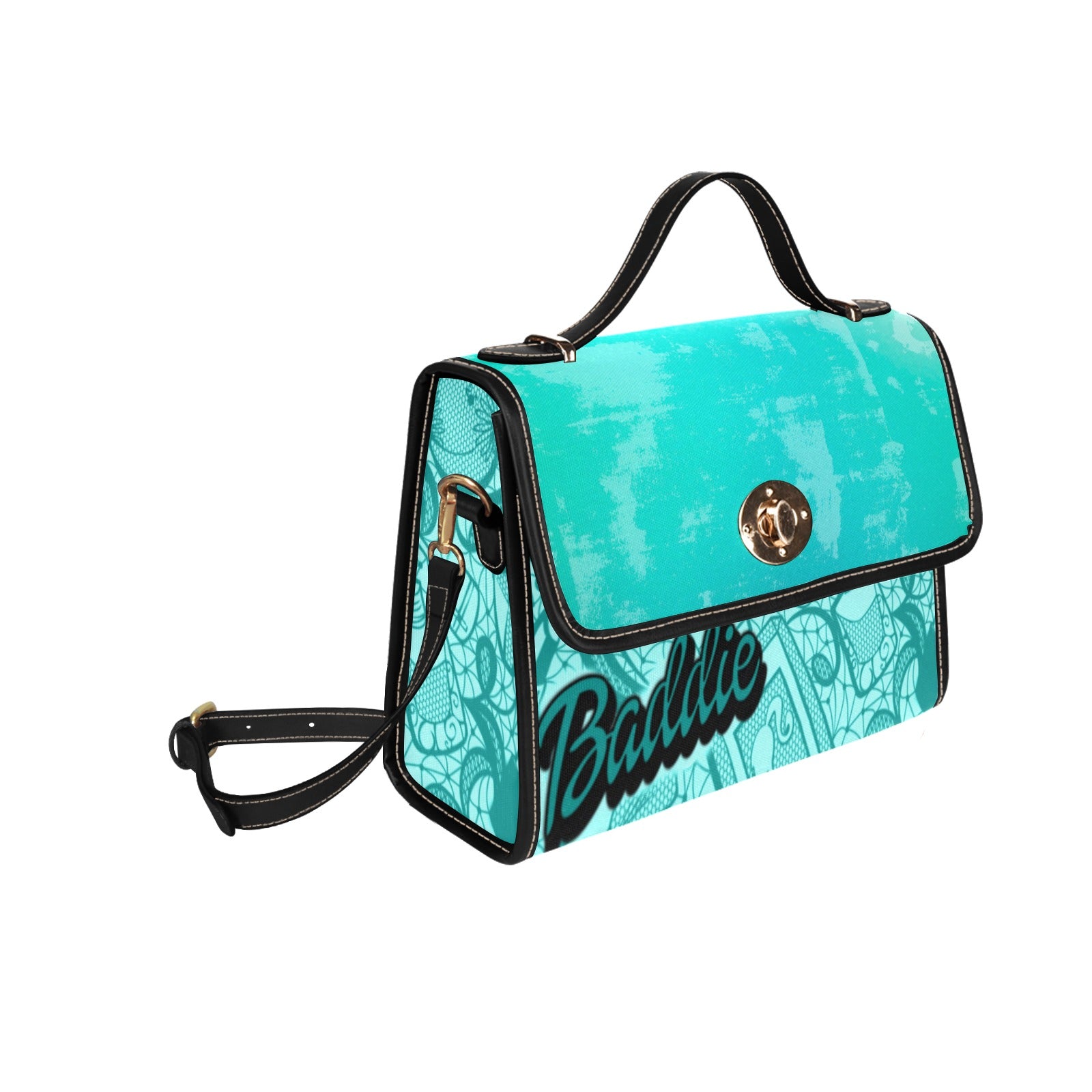 Teal Blue Baddie Waterproof Canvas Bag-Black