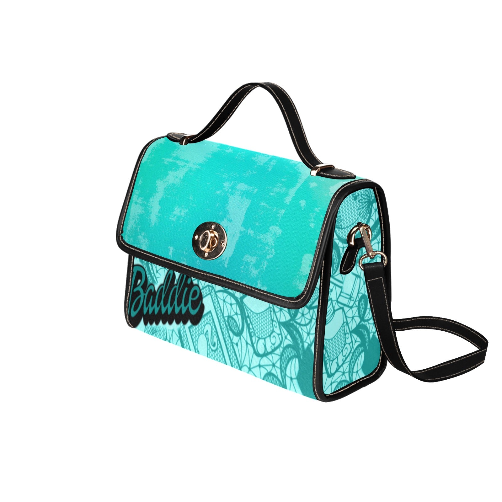 Teal Blue Baddie Waterproof Canvas Bag-Black