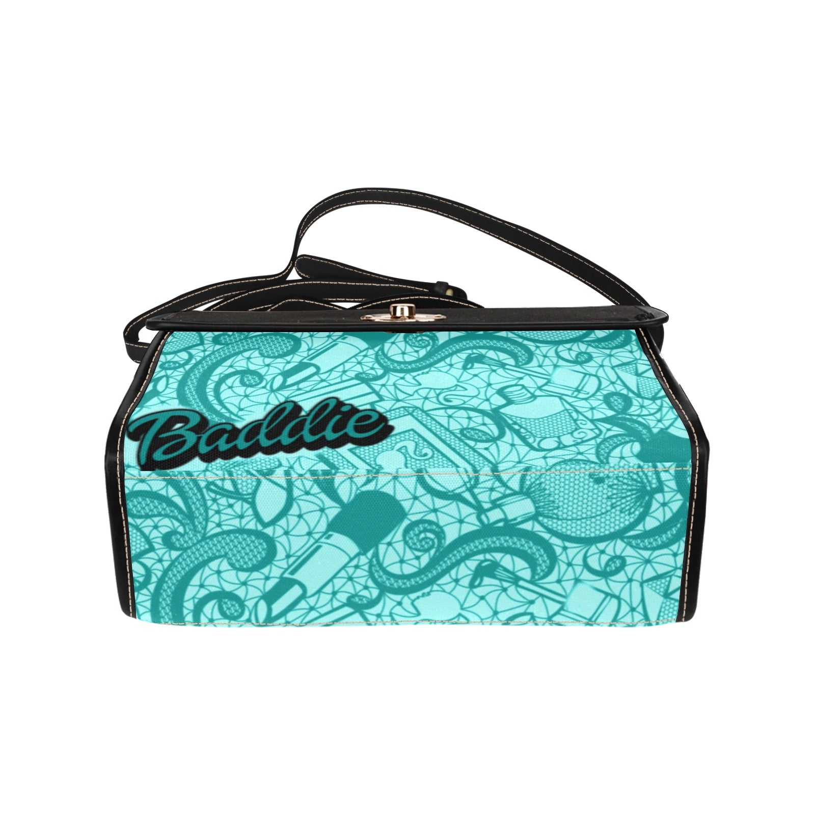 Teal Blue Baddie Waterproof Canvas Bag-Black