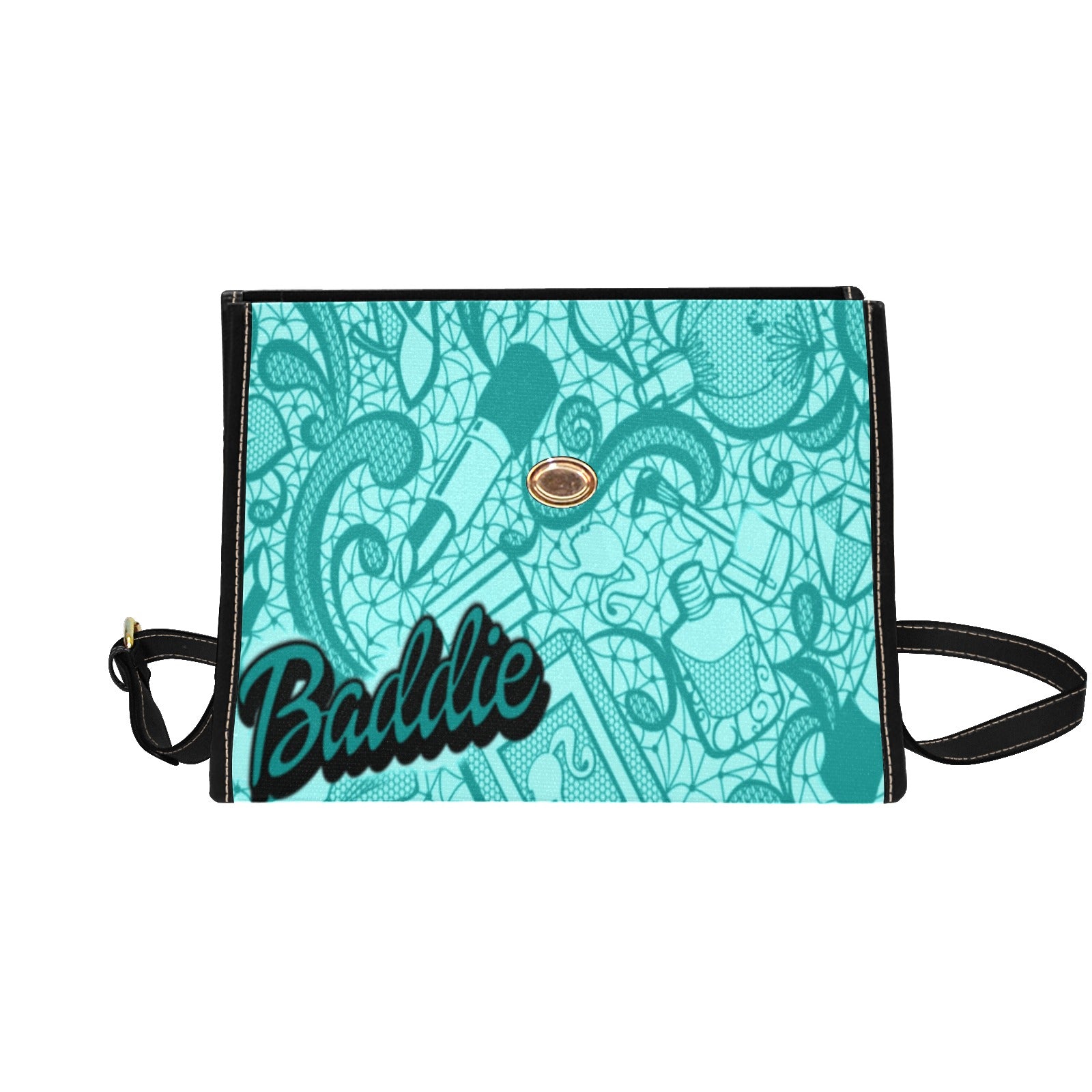 Teal Blue Baddie Waterproof Canvas Bag-Black